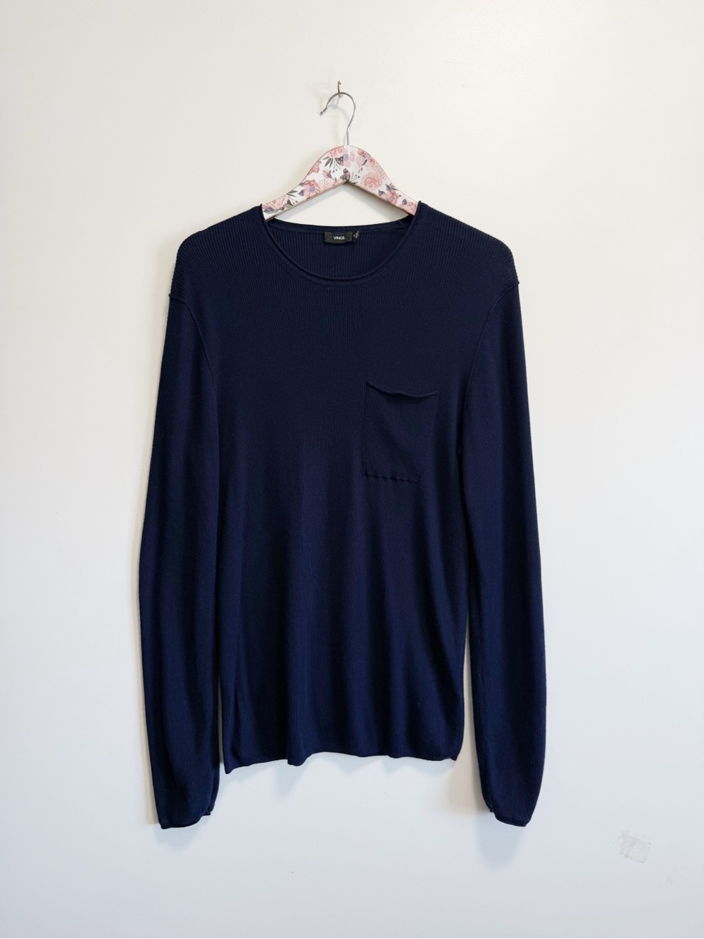 VINCE Ribbed Wool & Silk Navy Blue Men’s Crew Neck Pocket Knit Top M Medium